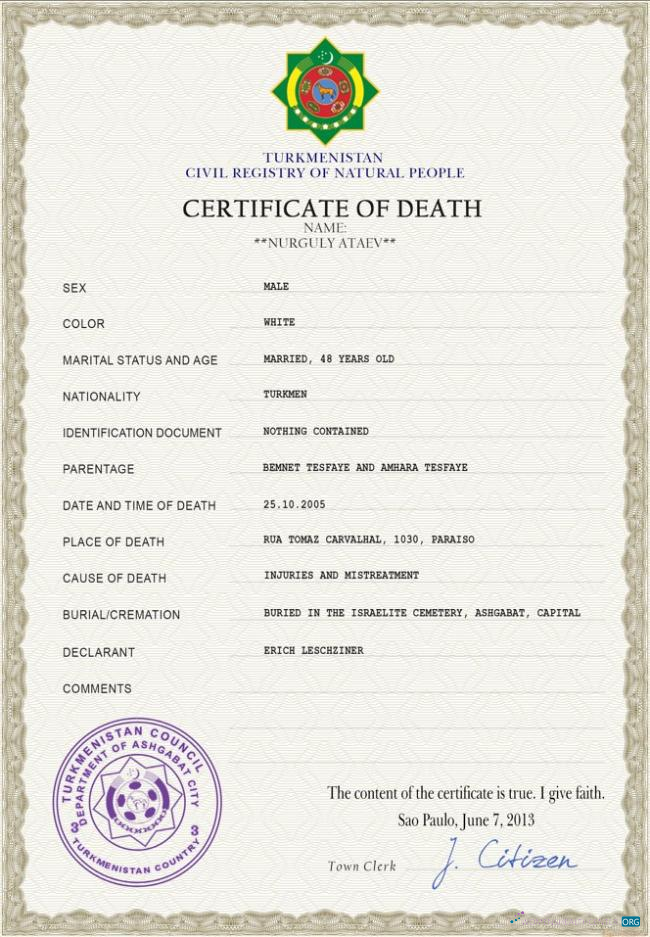 Download Turkmenistan death certificate PSD template Photoshop template